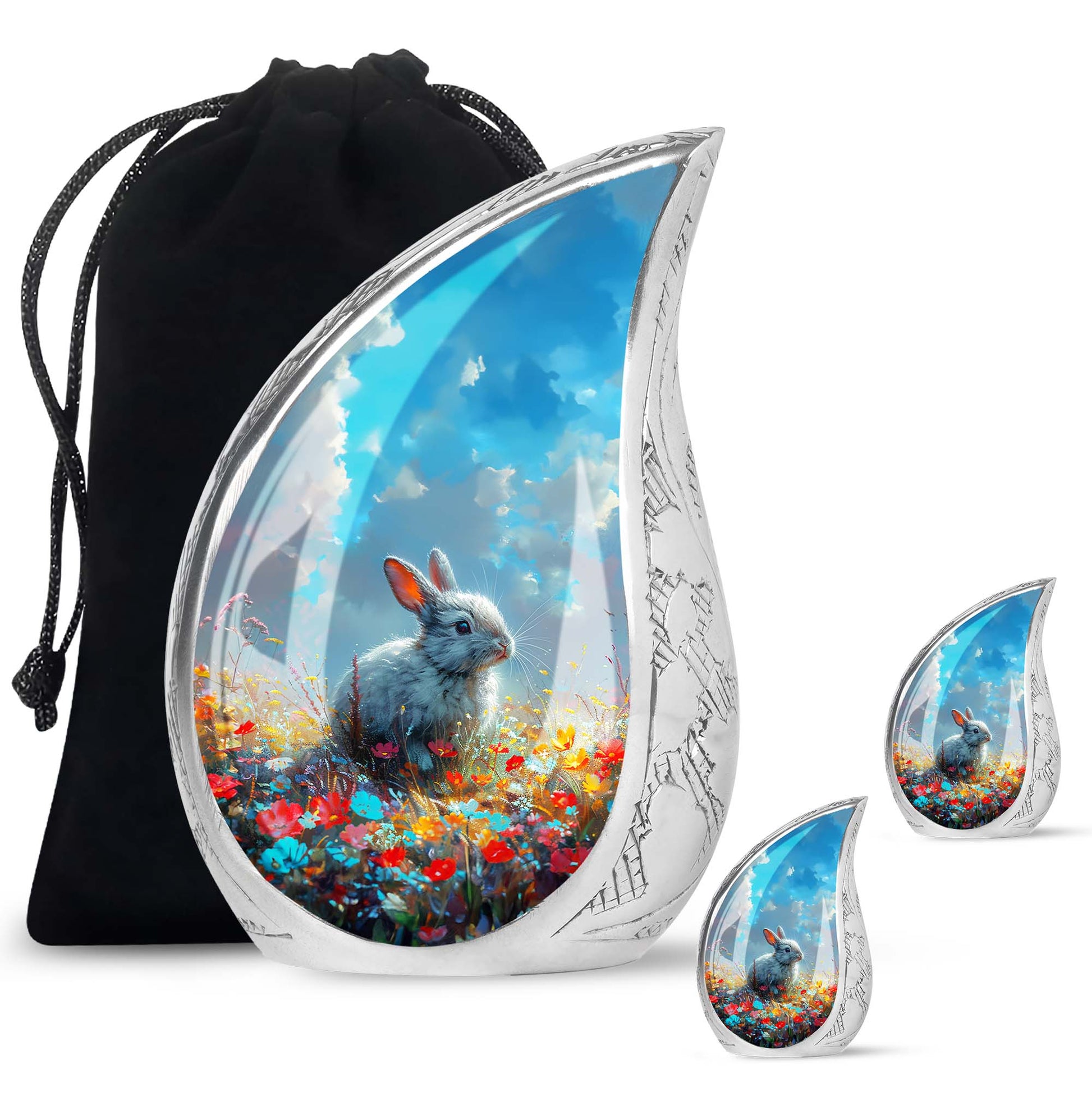 Colorful Flower Urn with White Bunny - Beautiful Pet Memorial Urn for Ashes