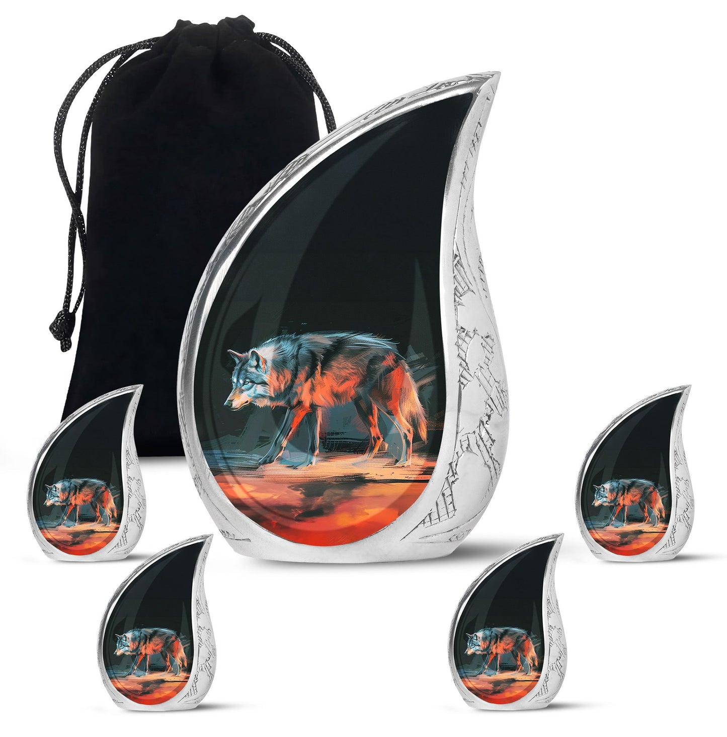 Black Personalized Wolf Cremation Urn for Human Ashes - 10-inch, 200 cu in - Yatskia