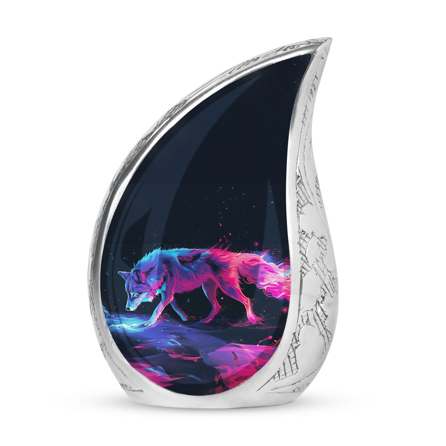 Wolf Urn for Human Ashes, Neon Pink Blue Prowling on Rocks, Cremation Urn