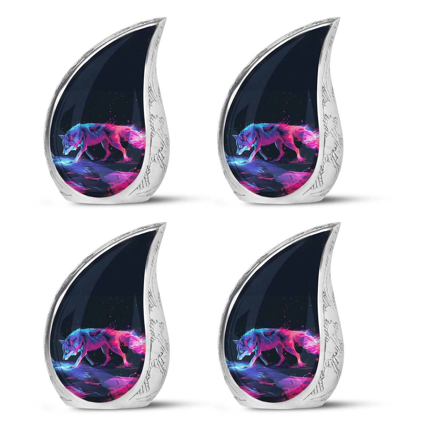 Wolf Urn for Human Ashes, Neon Pink Blue Prowling on Rocks, Cremation Urn