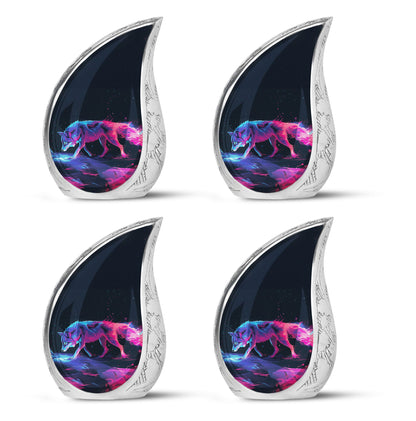 Wolf Urn for Human Ashes, Neon Pink Blue Prowling on Rocks, Cremation Urn