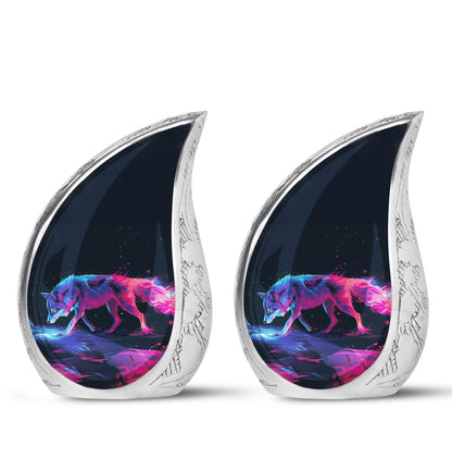 Wolf Urn for Human Ashes, Neon Pink Blue Prowling on Rocks, Cremation Urn