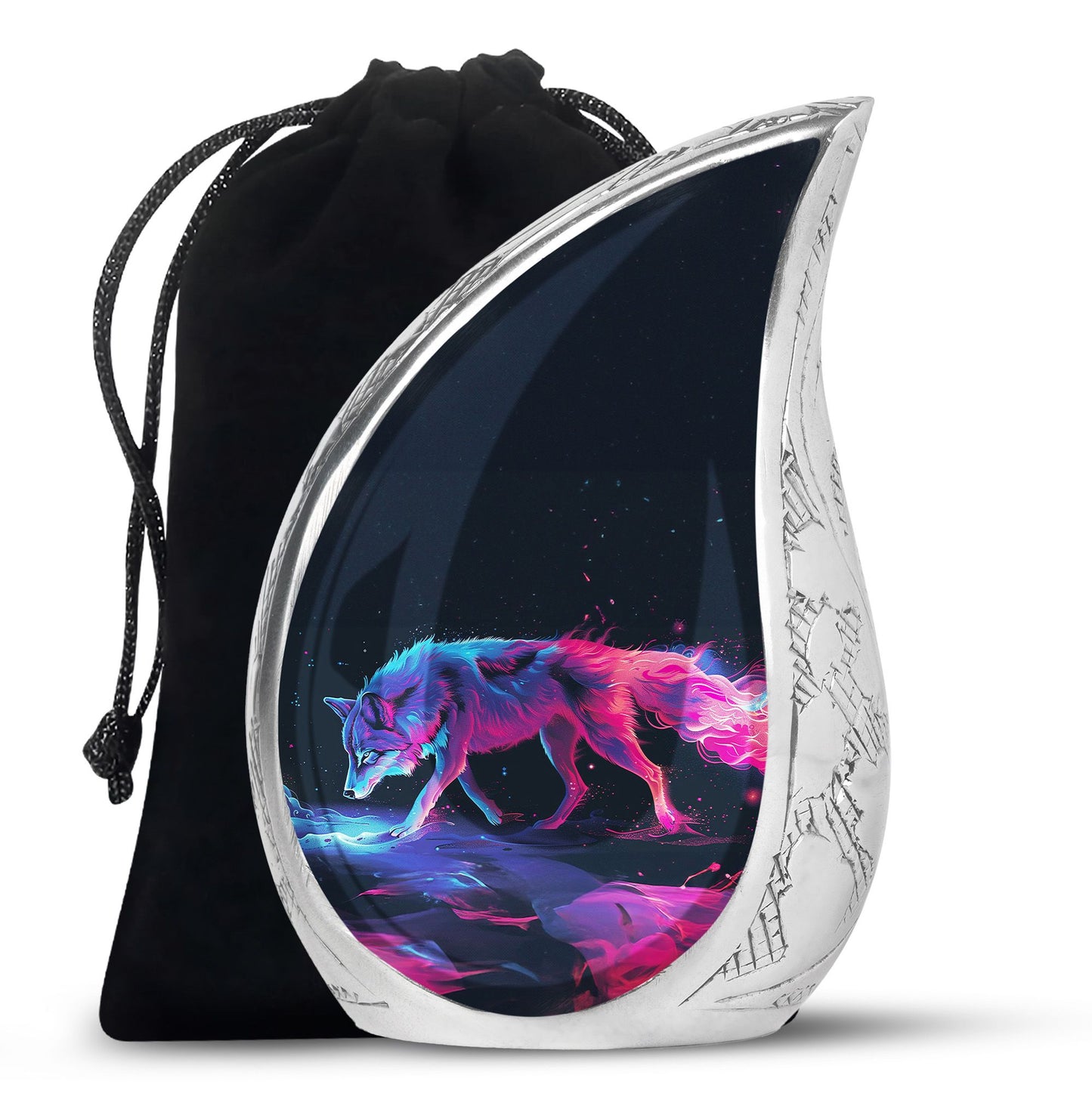 Wolf Urn for Human Ashes, Neon Pink Blue Prowling on Rocks, Cremation Urn