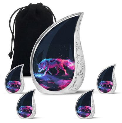Wolf Urn for Human Ashes, Neon Pink Blue Prowling on Rocks, Cremation Urn