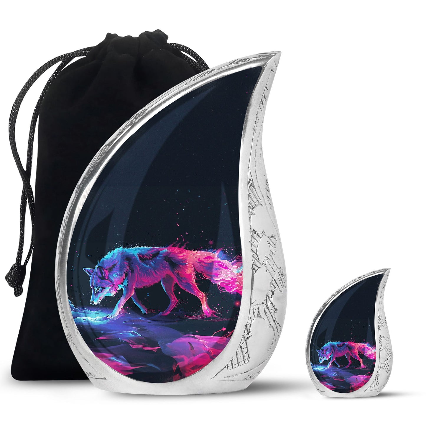 Wolf Urn for Human Ashes, Neon Pink Blue Prowling on Rocks, Cremation Urn
