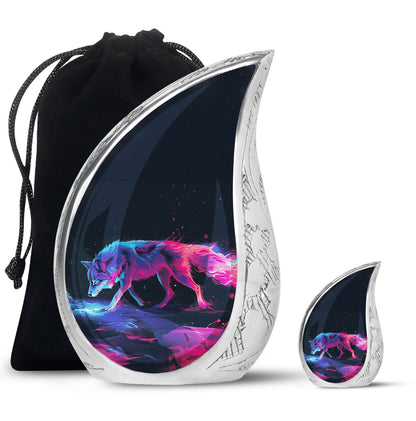 Wolf Urn for Human Ashes, Neon Pink Blue Prowling on Rocks, Cremation Urn