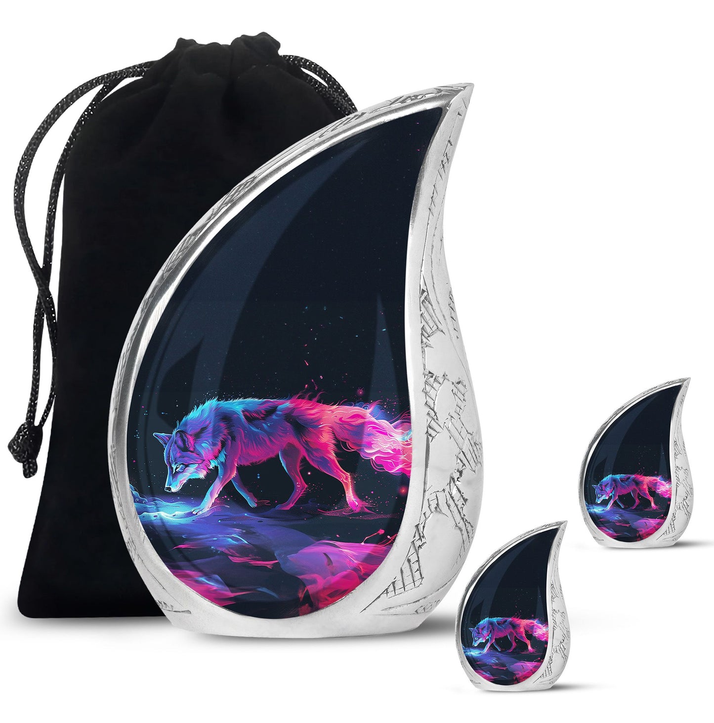 Wolf Urn for Human Ashes, Neon Pink Blue Prowling on Rocks, Cremation Urn