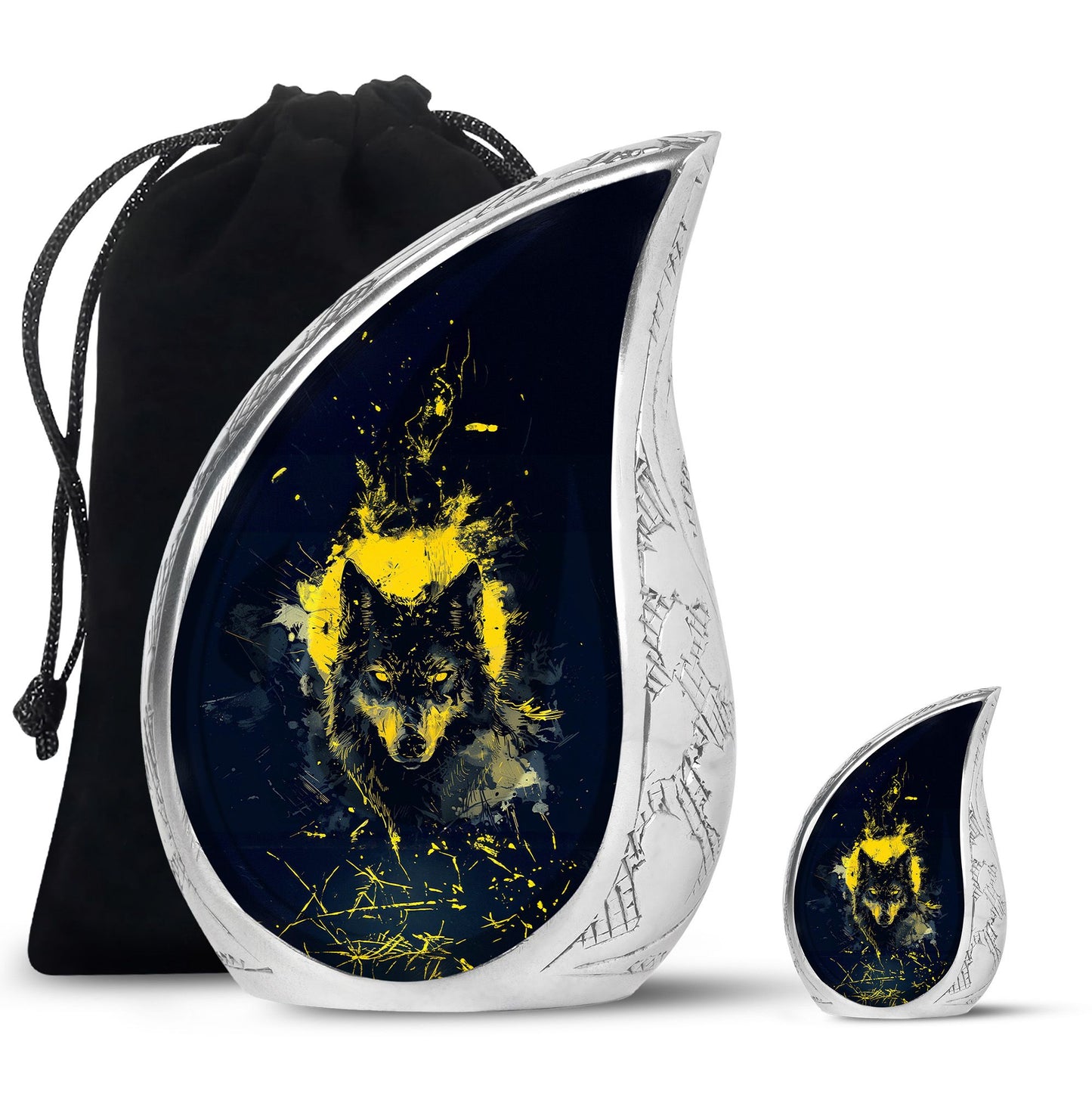 Black Personalized Wolf Cremation Urn for Human Ashes - 10-inch, 200 cu in - Yatskia