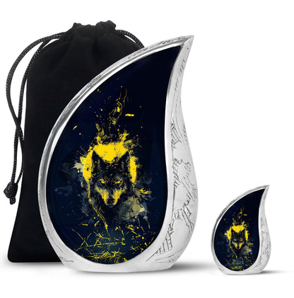 Black Personalized Wolf Cremation Urn for Human Ashes - 10-inch, 200 cu in - Yatskia