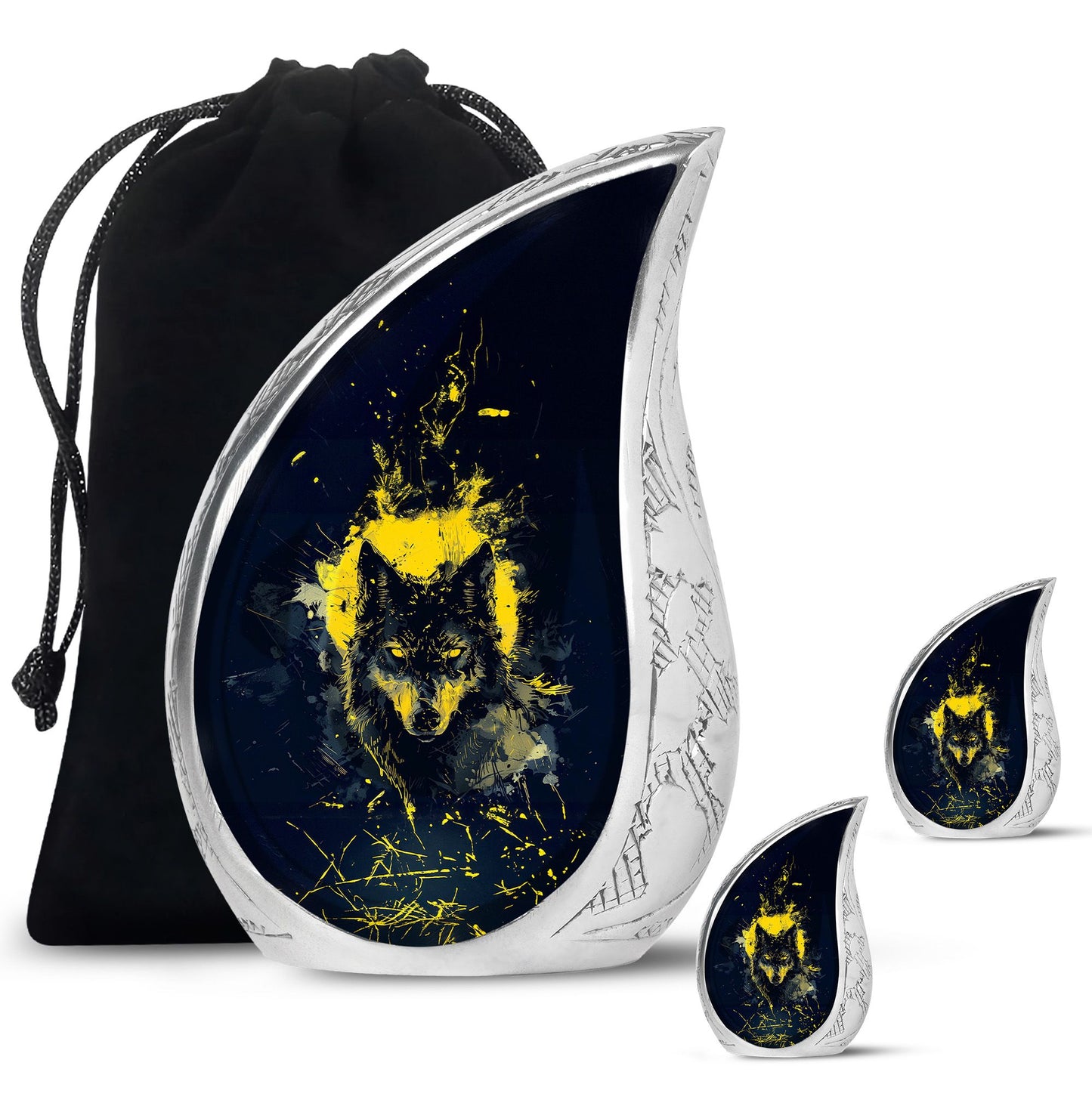 Black Personalized Wolf Cremation Urn for Human Ashes - 10-inch, 200 cu in - Yatskia