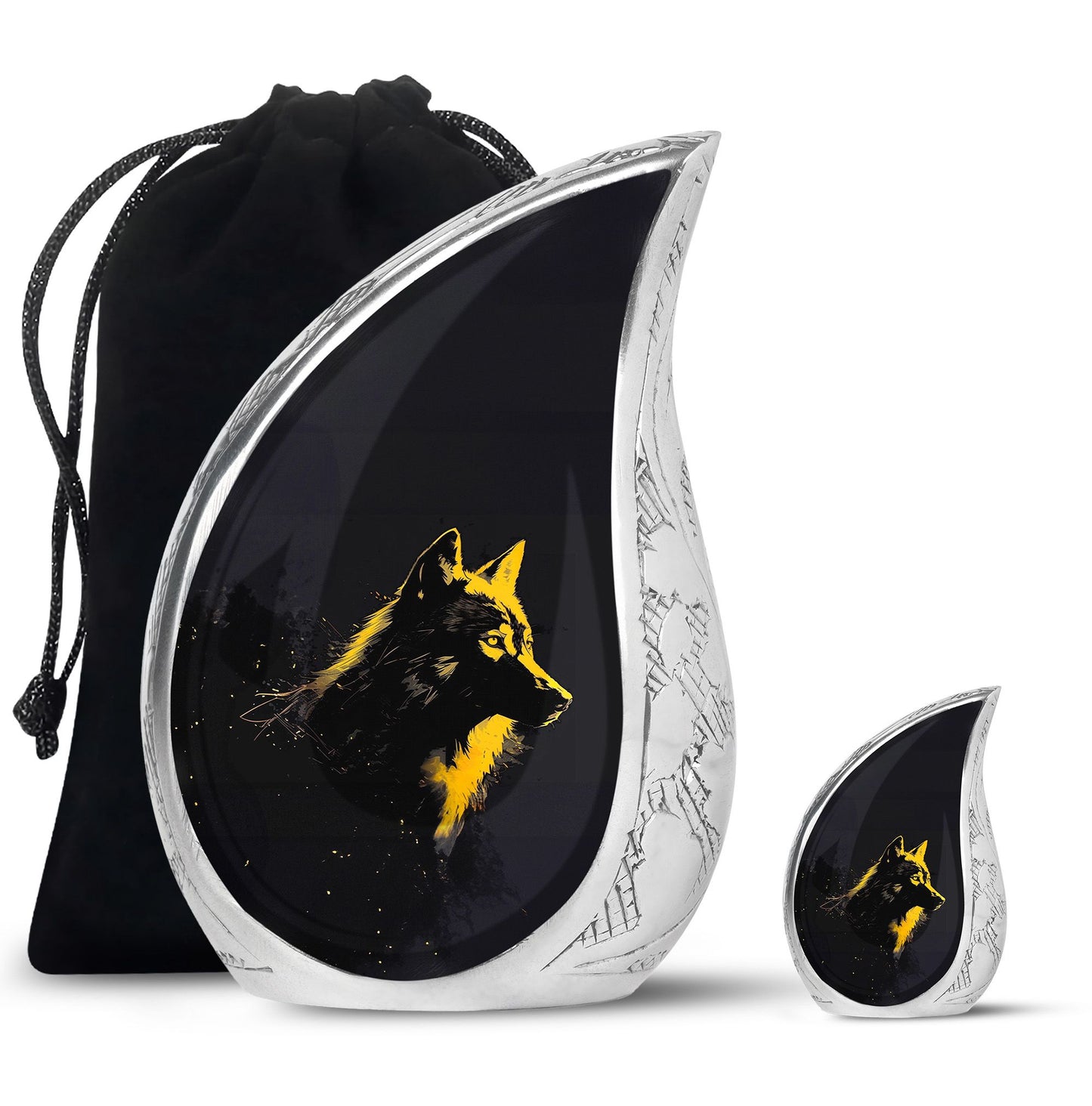 Black Personalized Wolf Cremation Urn for Adult - 10-inch, 200 cu in - Yatskia