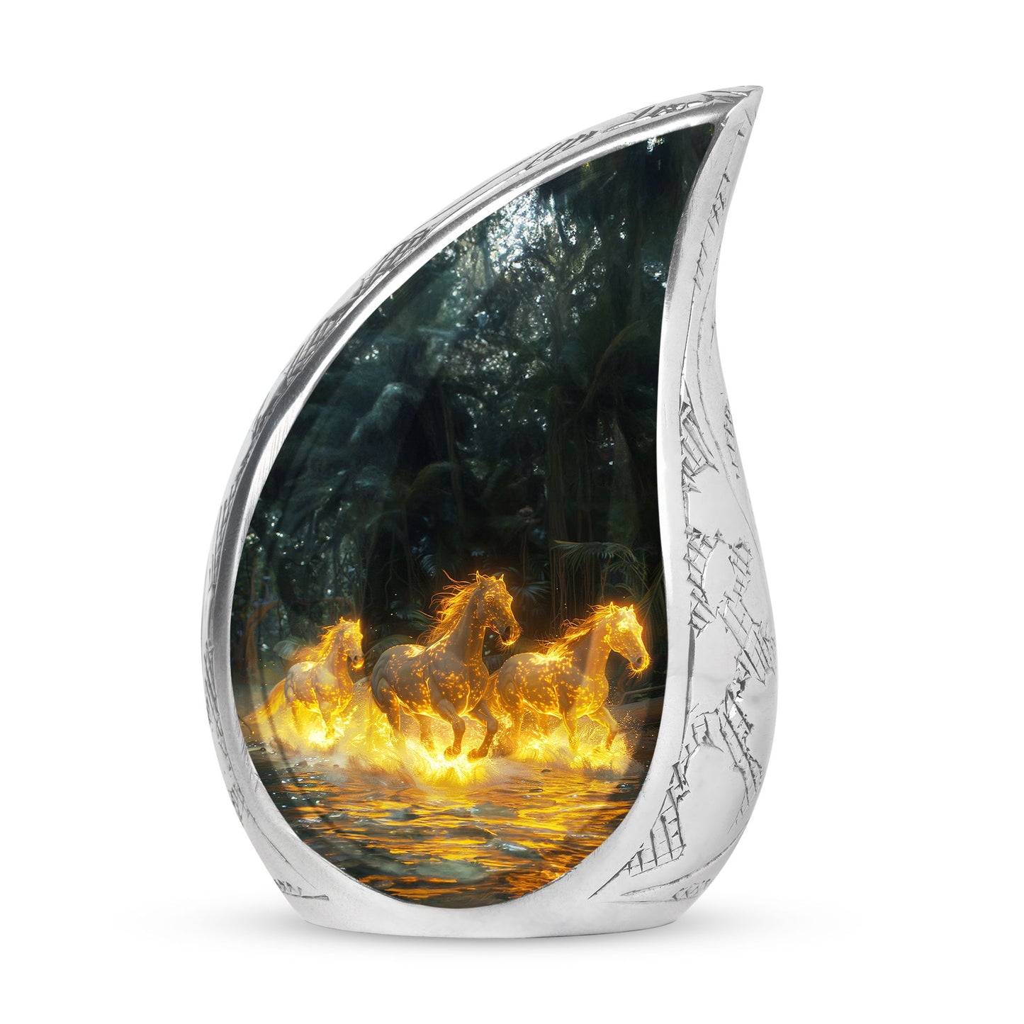 Horse Urn for Human Ashes, Glowing Fiery Horses Running Through Water, Cremation Urn