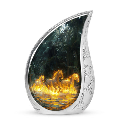 Horse Urn for Human Ashes, Glowing Fiery Horses Running Through Water, Cremation Urn