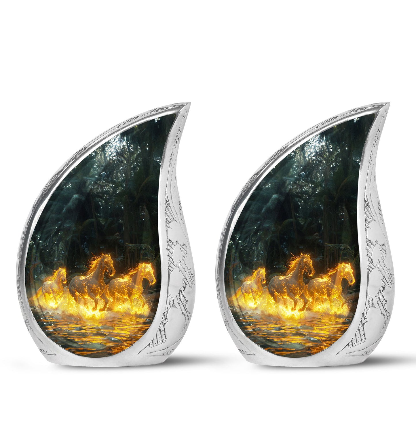 Horse Urn for Human Ashes, Glowing Fiery Horses Running Through Water, Cremation Urn
