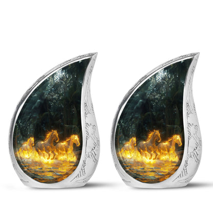 Horse Urn for Human Ashes, Glowing Fiery Horses Running Through Water, Cremation Urn
