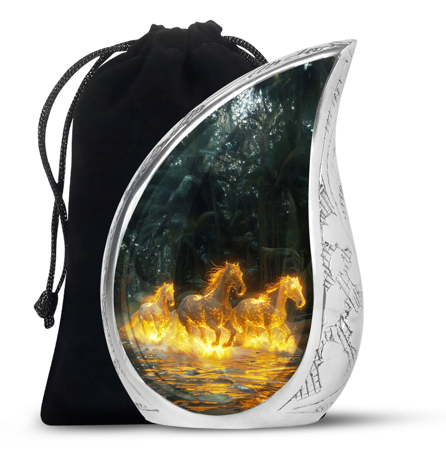 Horse Urn for Human Ashes, Glowing Fiery Horses Running Through Water, Cremation Urn