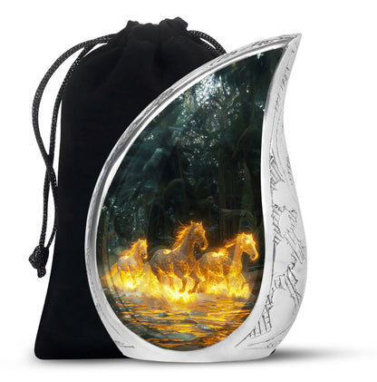 Horse Urn for Human Ashes, Glowing Fiery Horses Running Through Water, Cremation Urn