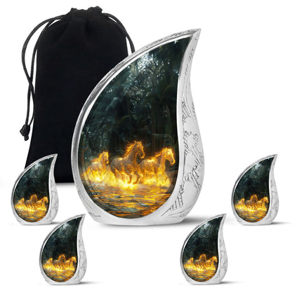 Horse Urn for Human Ashes, Glowing Fiery Horses Running Through Water, Cremation Urn