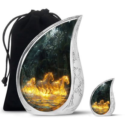Horse Urn for Human Ashes, Glowing Fiery Horses Running Through Water, Cremation Urn