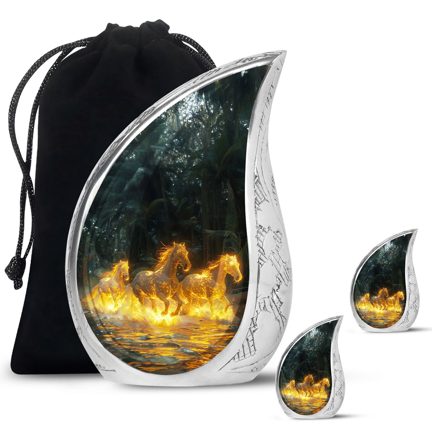 Horse Urn for Human Ashes, Glowing Fiery Horses Running Through Water, Cremation Urn