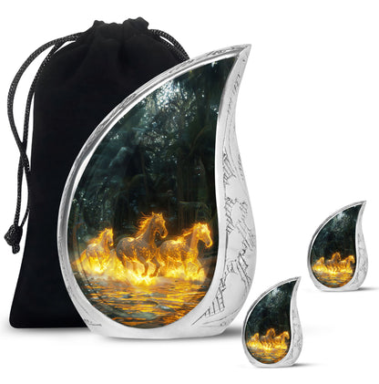 Horse Urn for Human Ashes, Glowing Fiery Horses Running Through Water, Cremation Urn