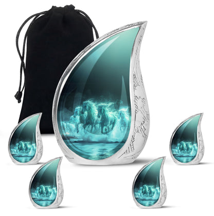 Horse Urn for Human Ashes, Herd of Teal Horses Running Through Mist, Memorial Urn