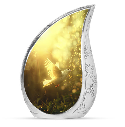 Bird Urn for Human Ashes, White Dove Through Golden Sparkling Light, Memorial Urn