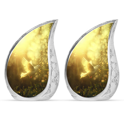 Bird Urn for Human Ashes, White Dove Through Golden Sparkling Light, Memorial Urn
