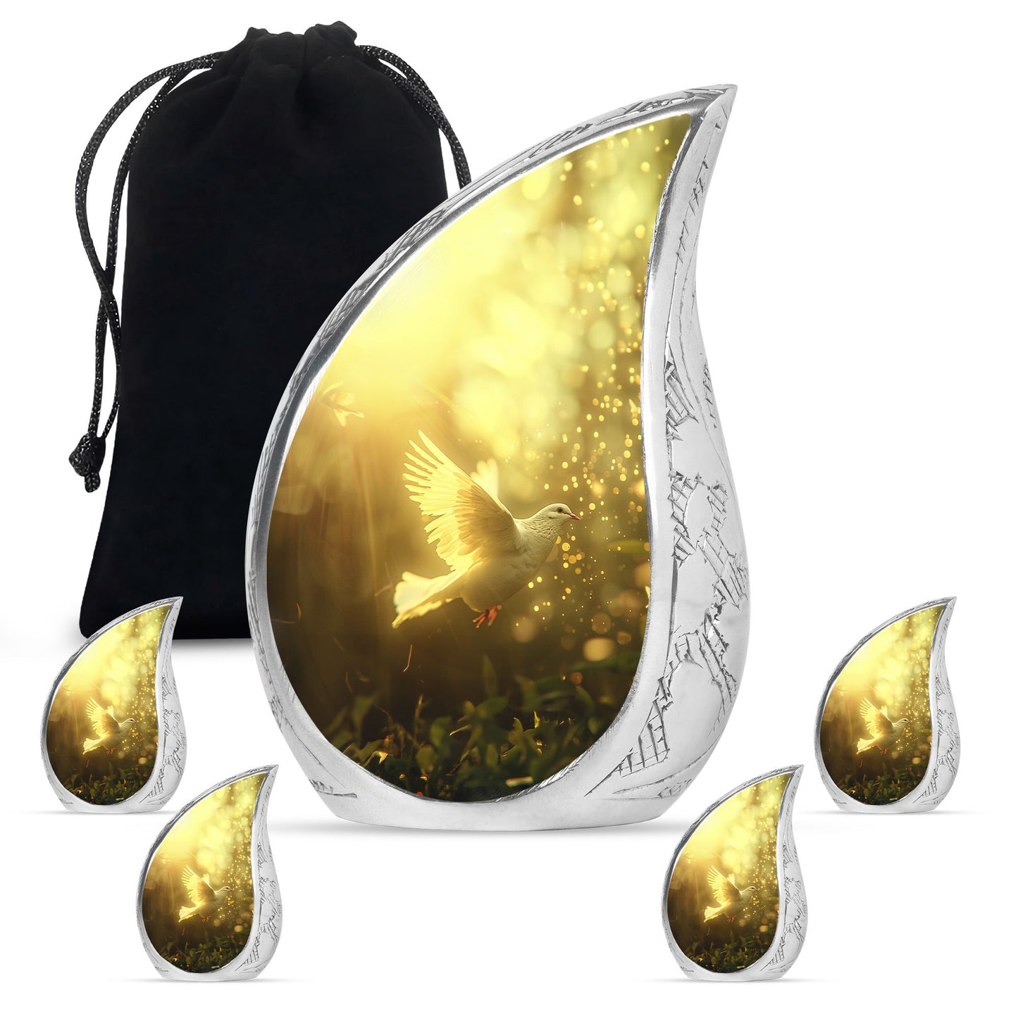 Bird Urn for Human Ashes, White Dove Through Golden Sparkling Light, Memorial Urn