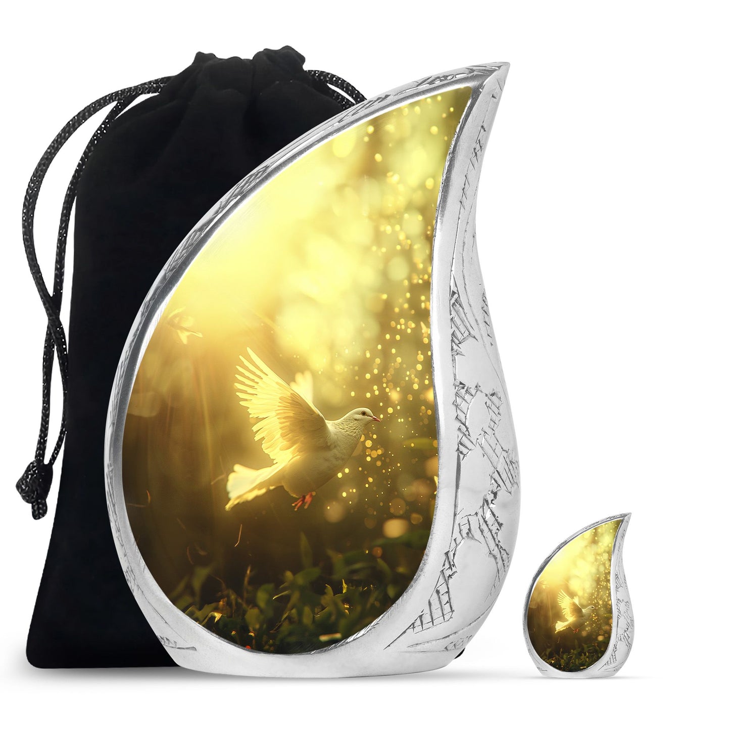 Bird Urn for Human Ashes, White Dove Through Golden Sparkling Light, Memorial Urn