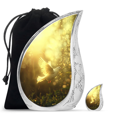Bird Urn for Human Ashes, White Dove Through Golden Sparkling Light, Memorial Urn