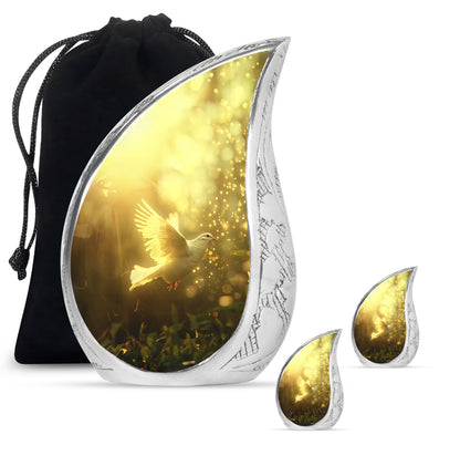 Bird Urn for Human Ashes, White Dove Through Golden Sparkling Light, Memorial Urn