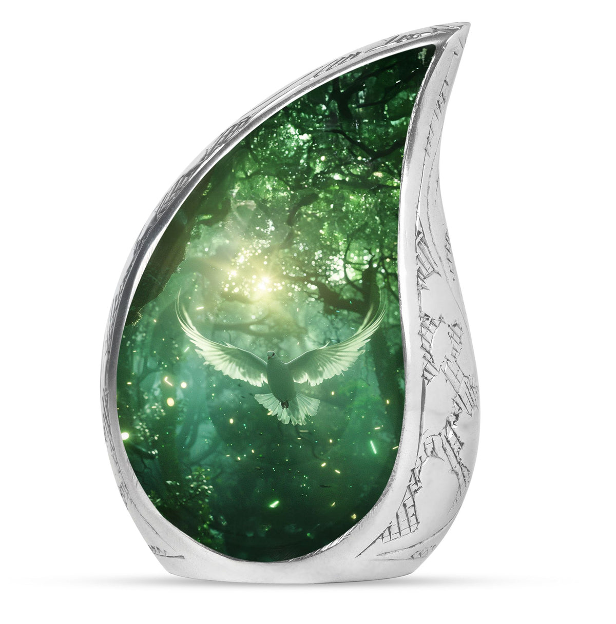 Bird Urn for Human Ashes, White Dove Through Glowing Forest, Green Memorial Urn