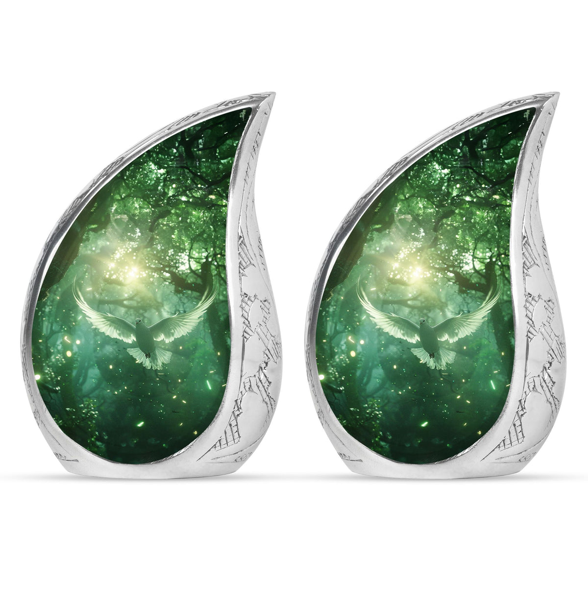 Bird Urn for Human Ashes, White Dove Through Glowing Forest, Green Memorial Urn