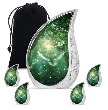 Bird Urn for Human Ashes, White Dove Through Glowing Forest, Green Memorial Urn
