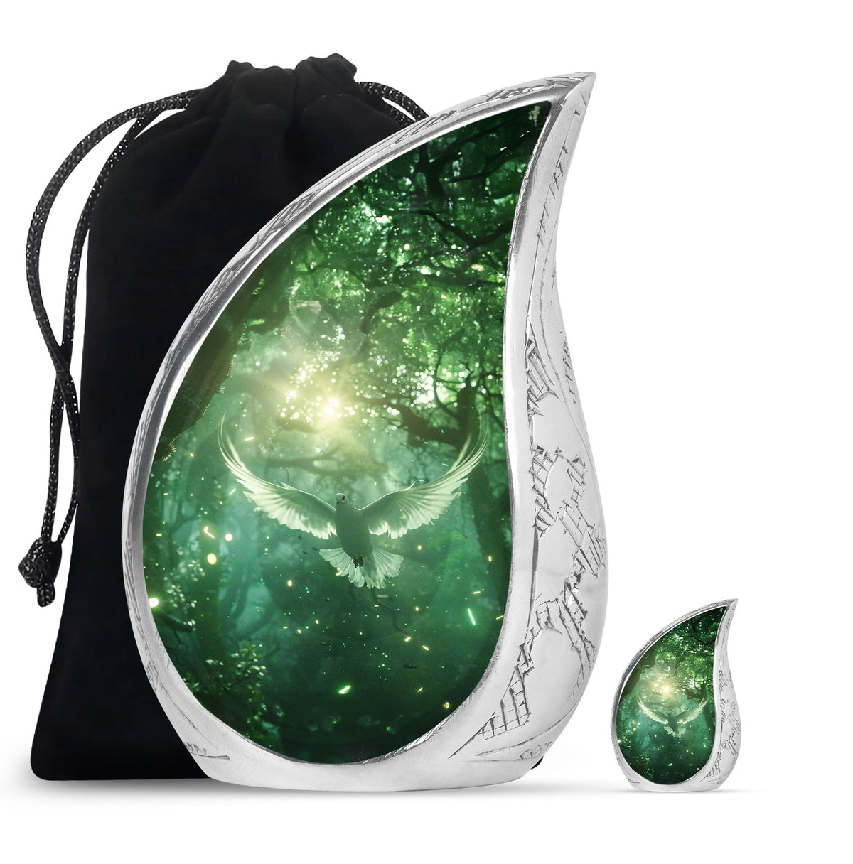 Bird Urn for Human Ashes, White Dove Through Glowing Forest, Green Memorial Urn