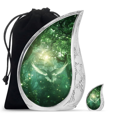 Bird Urn for Human Ashes, White Dove Through Glowing Forest, Green Memorial Urn
