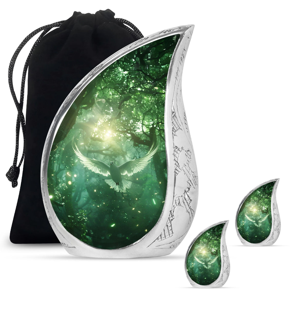 Bird Urn for Human Ashes, White Dove Through Glowing Forest, Green Memorial Urn