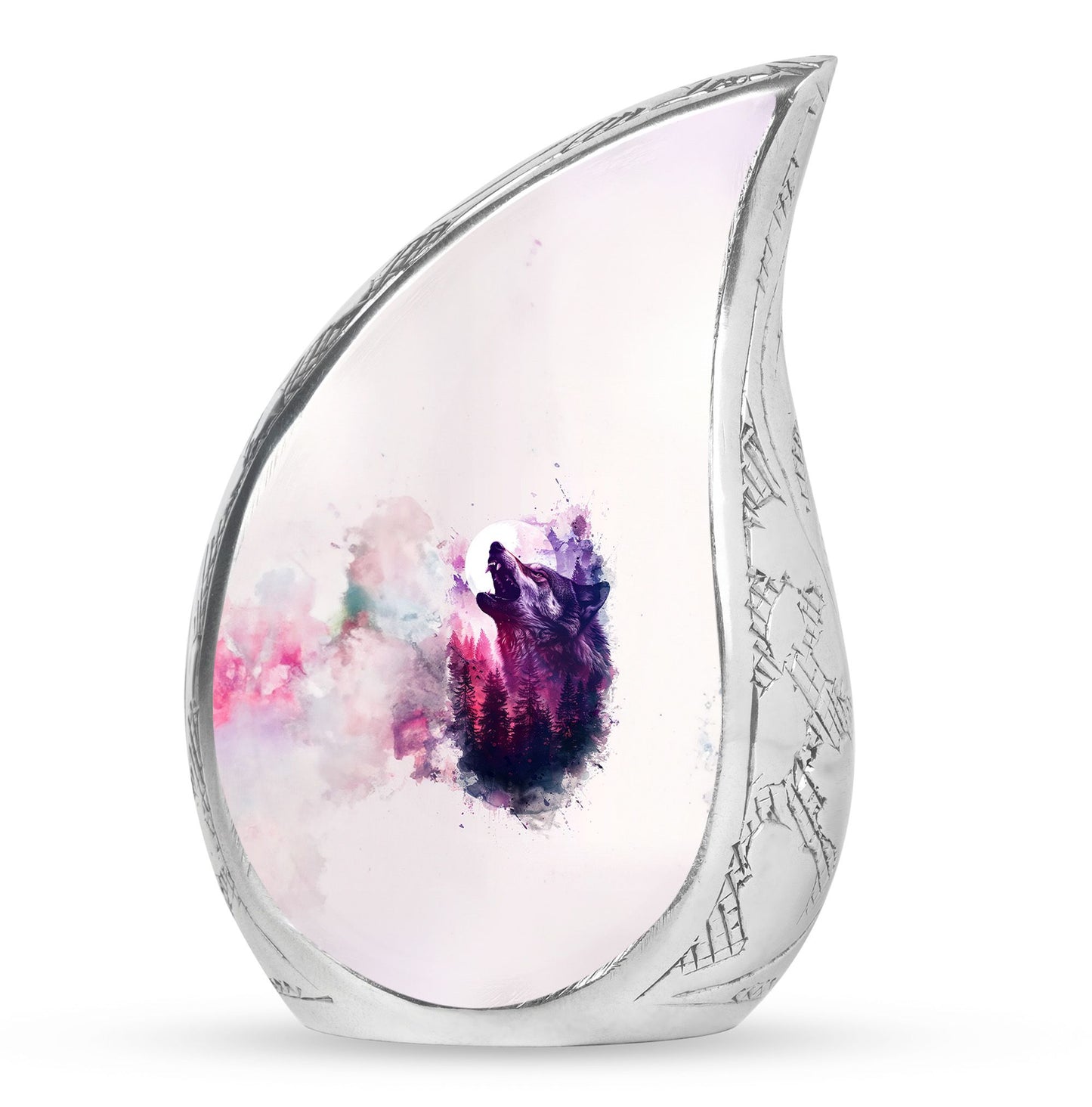 Wolf Urn for Human Ashes, White Watercolor Howling at the Moon, Classic Urn