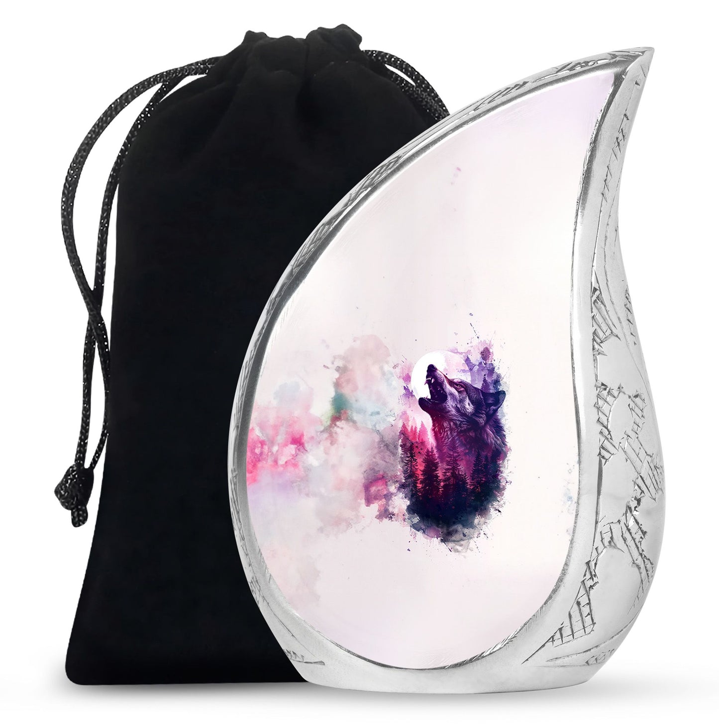 Wolf Urn for Human Ashes, White Watercolor Howling at the Moon, Classic Urn