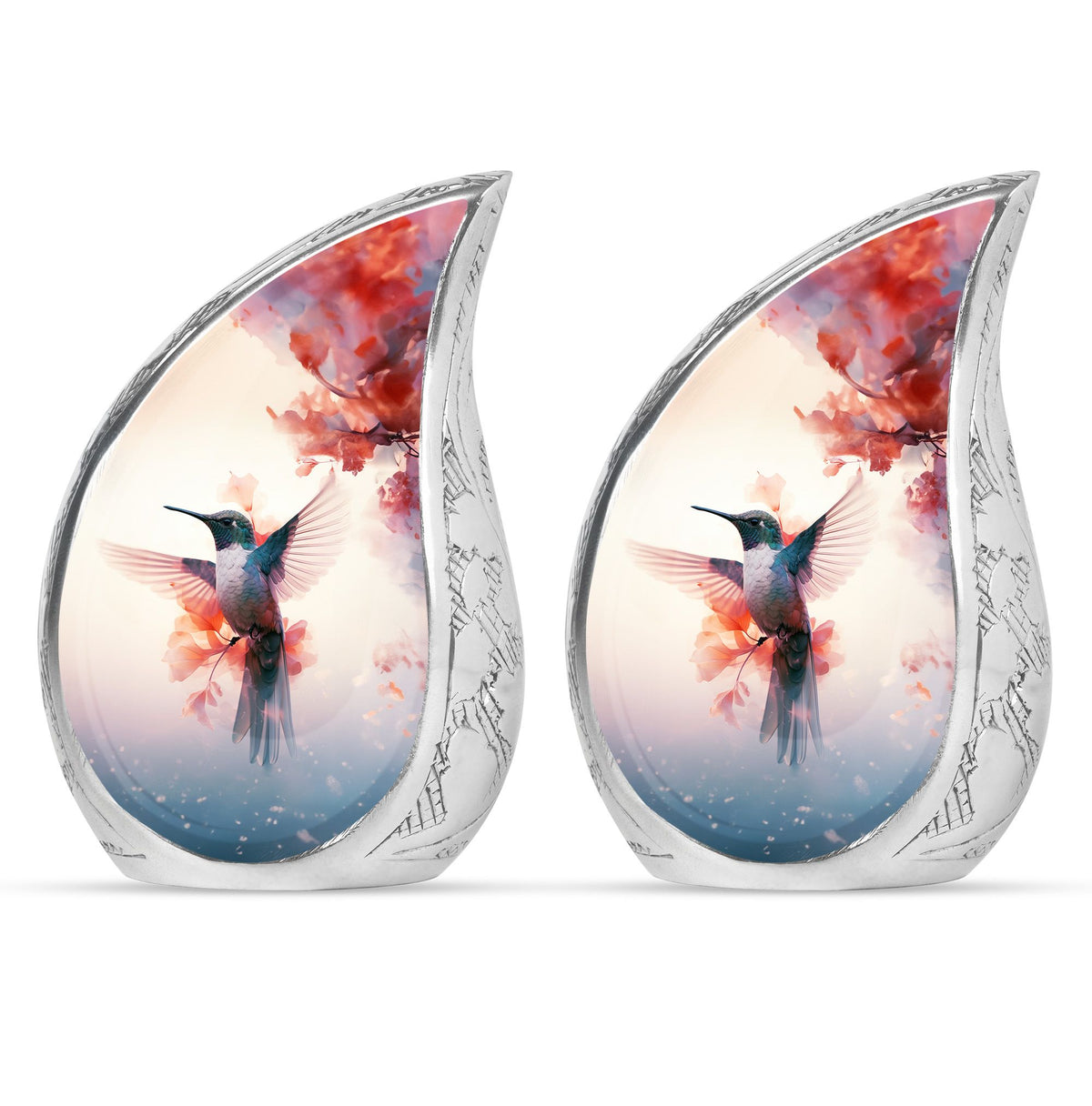 Hummingbird Urn for Human Ashes with Pink Floral Accents, White Memorial Urn