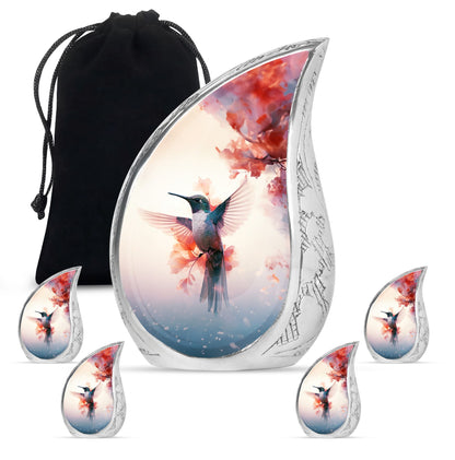 Hummingbird Urn for Human Ashes with Pink Floral Accents, White Memorial Urn