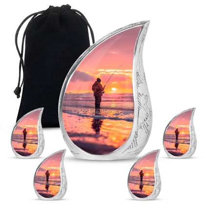 Fishing Urn for Pet Ashes, Angler with Rod at Pink Sunset, Memorial Urn