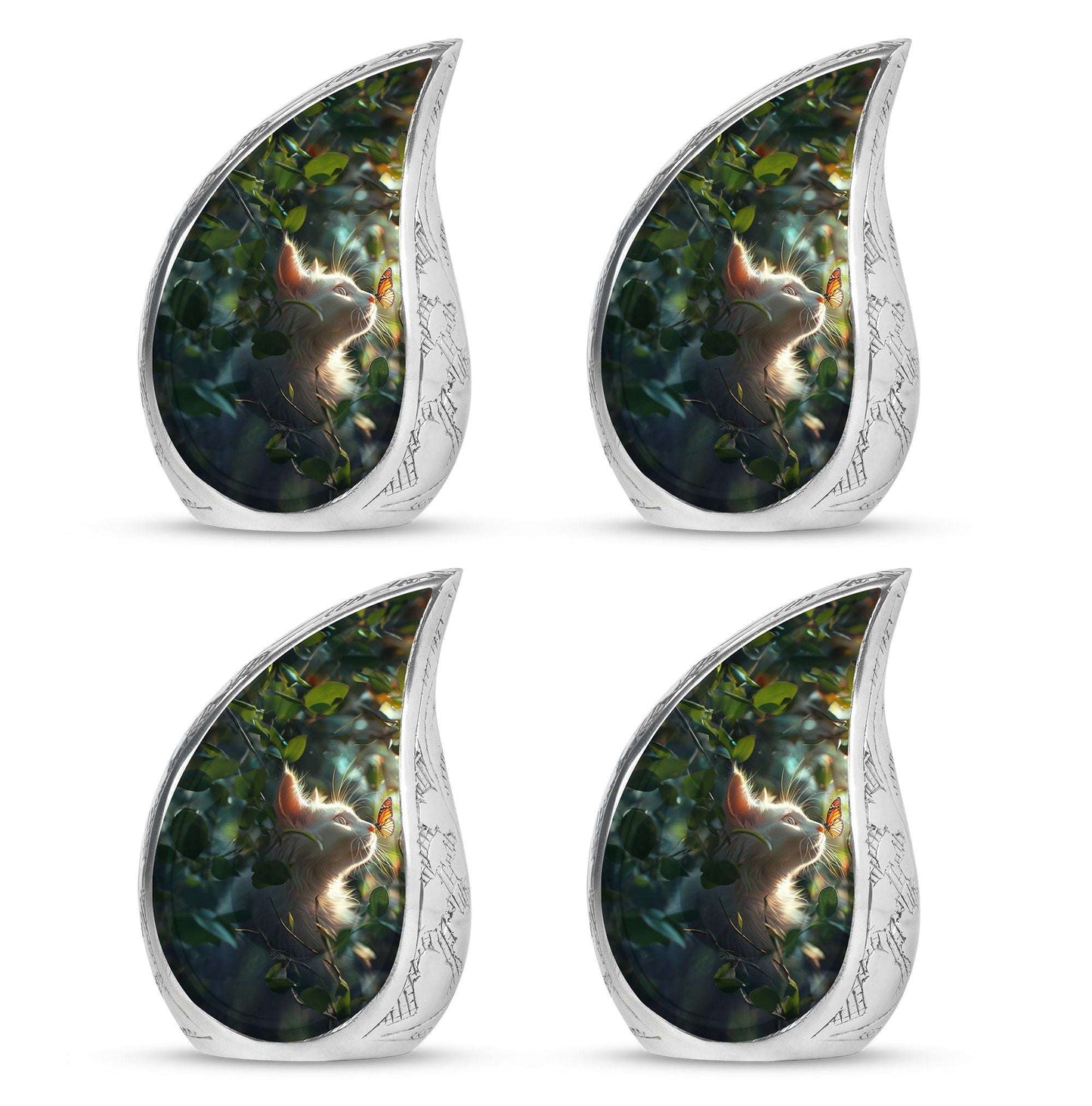 Majestic White Cat Urns For Funeral - Cat & Butterfly Memorial Urn