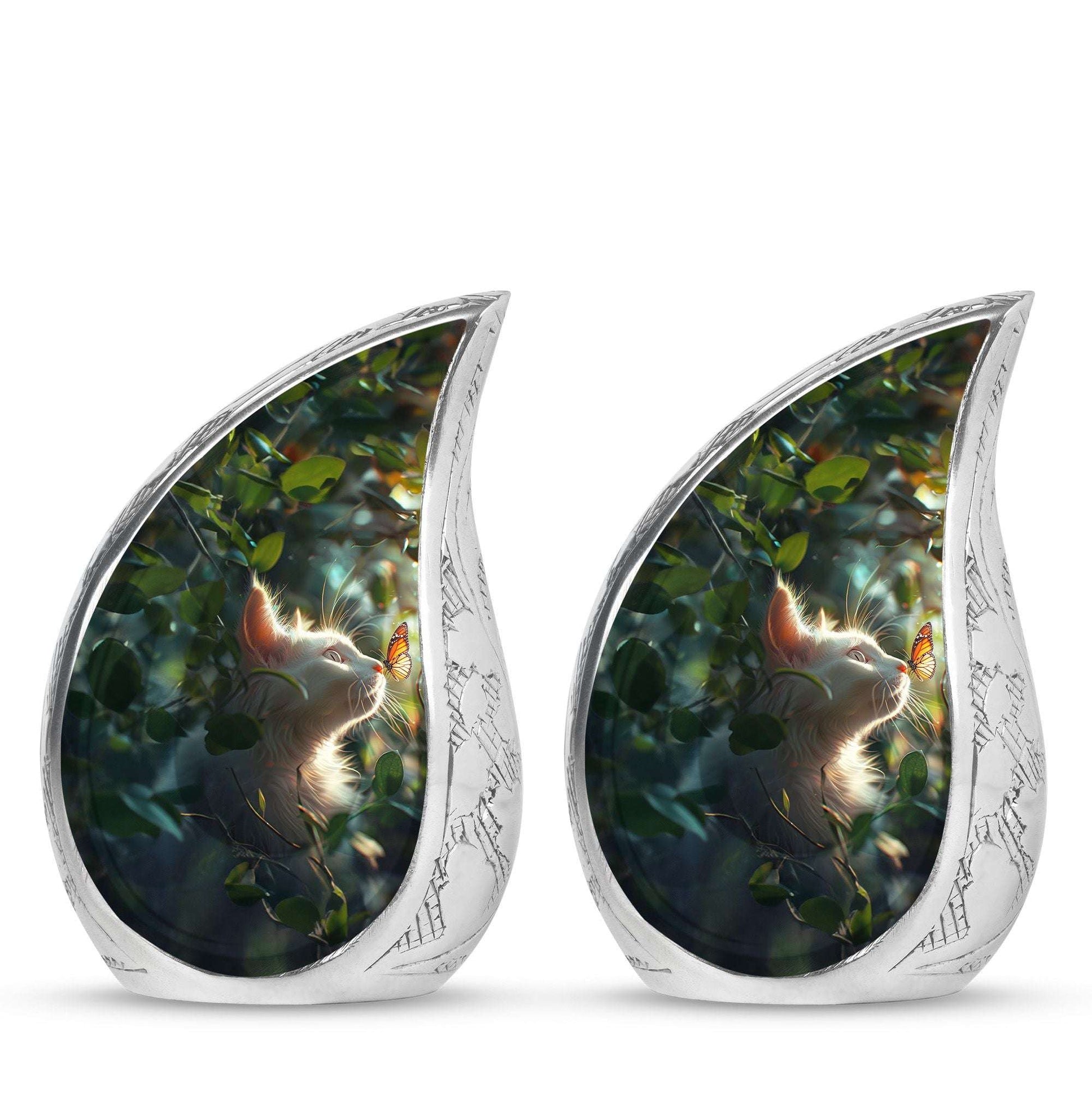 Majestic White Cat Urns For Funeral - Cat & Butterfly Memorial Urn