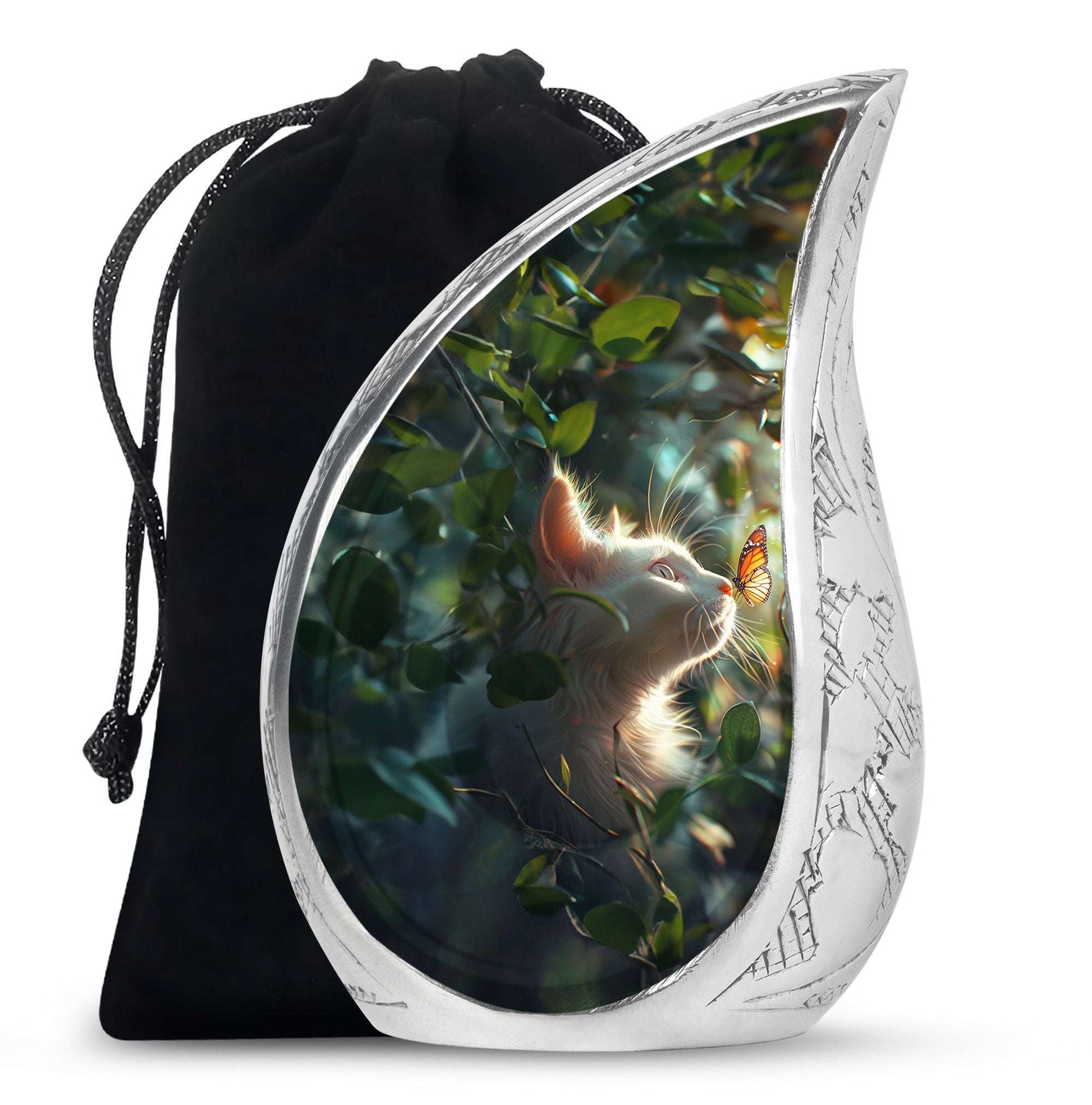 Majestic White Cat Urns For Funeral - Cat & Butterfly Memorial Urn