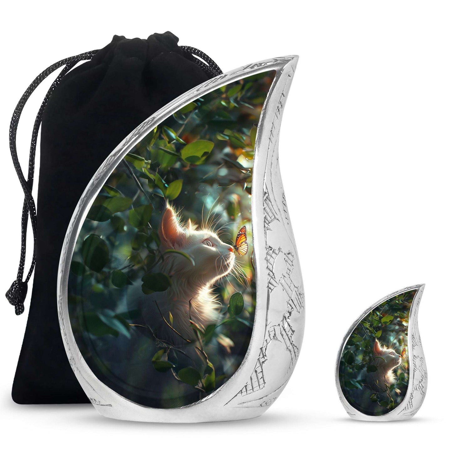Majestic White Cat Urns For Funeral - Cat & Butterfly Memorial Urn