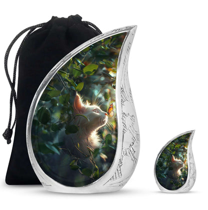 Majestic White Cat Urns For Funeral - Cat & Butterfly Memorial Urn