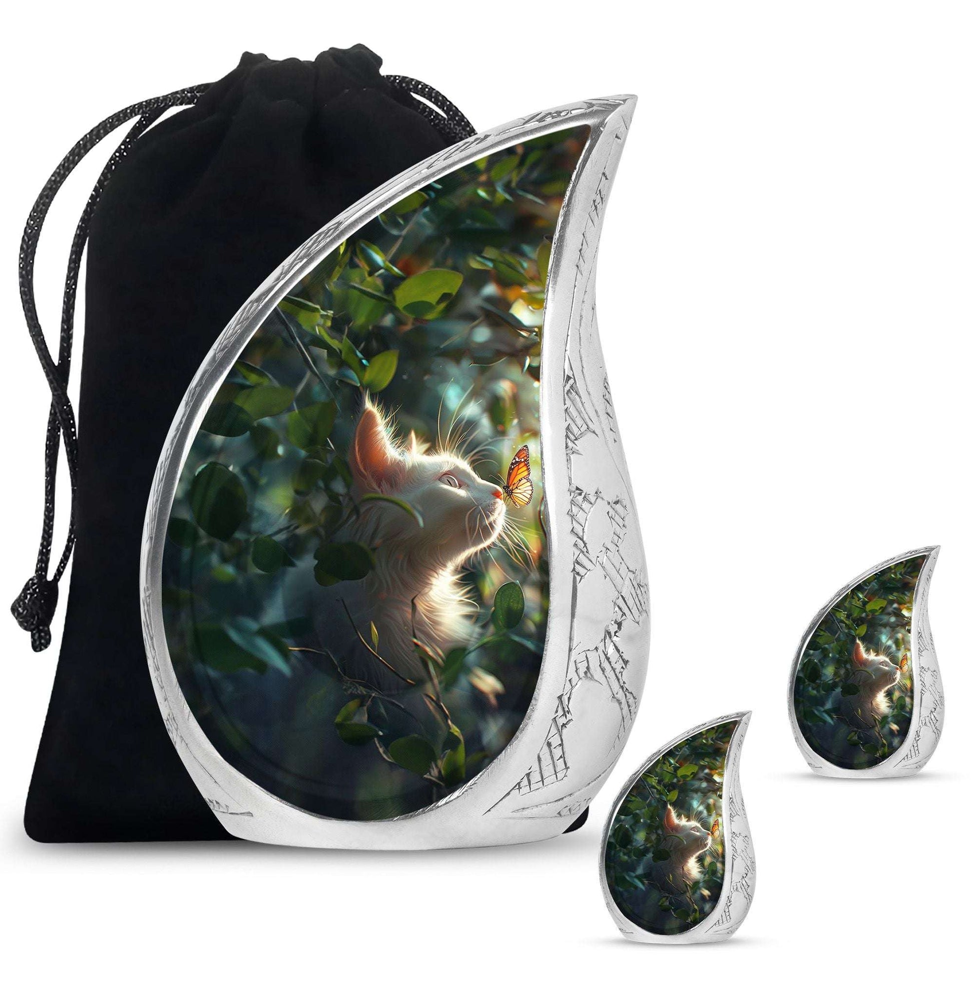 Majestic White Cat Urns For Funeral - Cat & Butterfly Memorial Urn