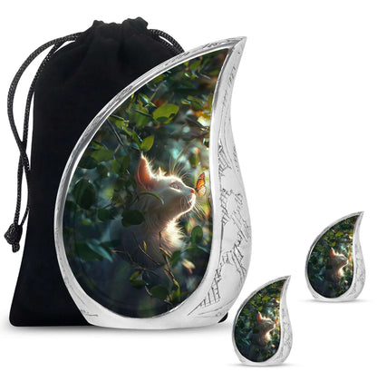 Majestic White Cat Urns For Funeral - Cat & Butterfly Memorial Urn